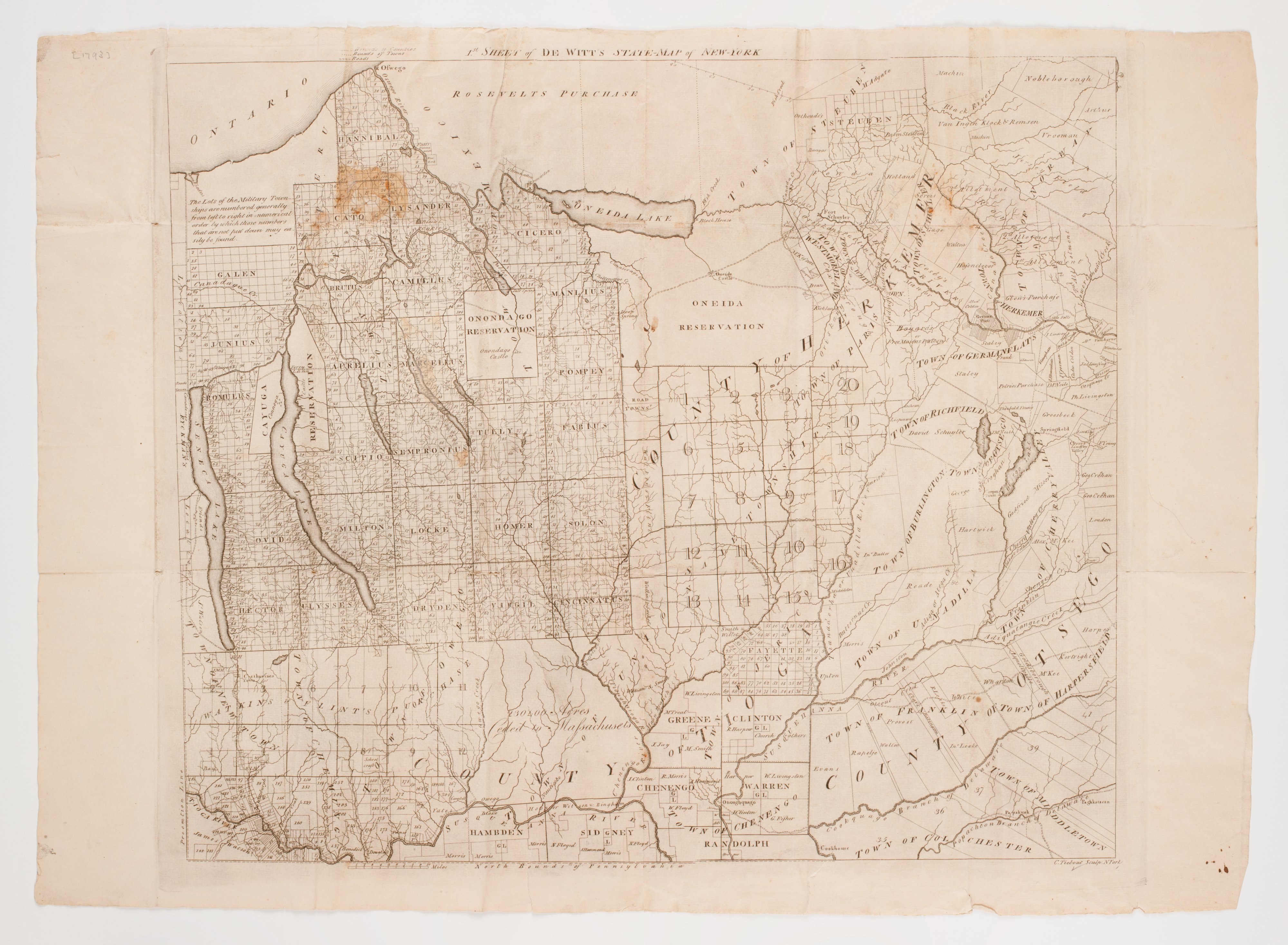 1792 map of central New York State. The map divides the land into grids and shows the Cayuga, Onondaga, and Oneida reservations. There are 27 townships of the CNY military tract, sub-divided into 100 rectangular tracts. The names of towns and large landowners are listed over tracts in the south and east