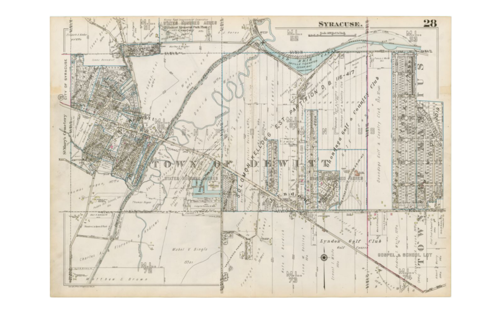 1938 atlas of Syracuse, New York showing the area around East Genesee Street in Dewitt. There are rectangular military tract outlines and smaller square lots in the southeast corners of each tract. The map shows the farmsteads for various owners, such as Mabel Bingle, Cyrus Kinne and Solomon Kellogg. The map also shows sub-divisions and individual parcels for Dewittshire, Orvilton Park, Lyndonlea, Lynacres, and Sunrise Terrace along East Genesee Street, proceeding west to east