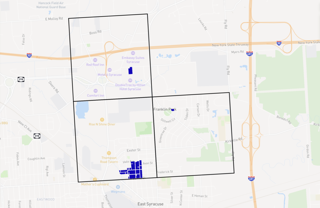 Present-day map of East Syracuse. Manlius 21, 30, and 31 are in an L shape above James Street. One parcel, south of Court Street Road and north of Carrier Parkway James Street Terrace is 169 covenants, roughly a square shape with a panhandle from the center of the western side, on the north side of James Street. Two parcels on Winchester Road on the east side of Franklin Neighborhood Park.