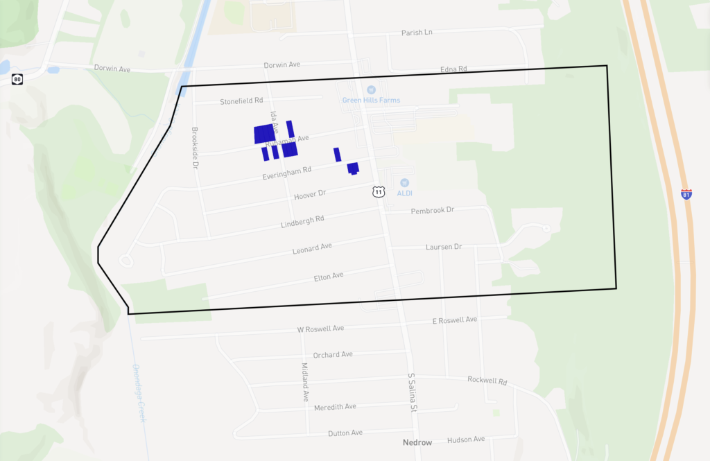 Present-day overhead map of South Salina. The rectangular Onondaga 147 tract of the Late Onondaga Reservation is above Nedrow on South Salina Street. The tract’s left side borders a winding section of Onondaga Creek. Everingham Tract has 13 covenants, along Ruhamah Ave and Everingham Road, west of South Salina Street.